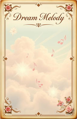 A vintage book cover design titled 'Dream Melody', featuring an ethereal scene of wispy clouds and soft musical notes gently flowing through the air