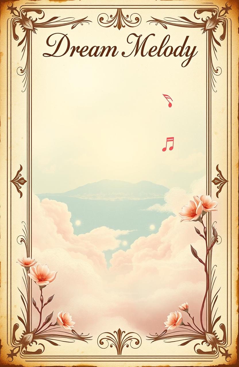 A vintage book cover design titled 'Dream Melody', featuring an ethereal scene of wispy clouds and soft musical notes gently flowing through the air