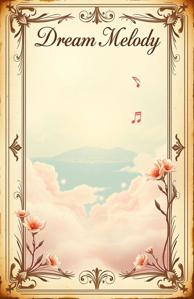 A vintage book cover design titled 'Dream Melody', featuring an ethereal scene of wispy clouds and soft musical notes gently flowing through the air