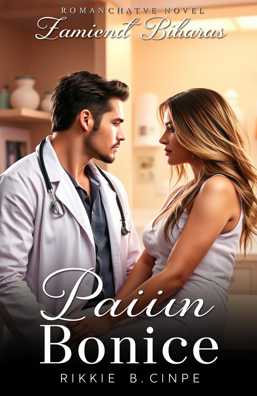 A compelling romance novel cover featuring a handsome doctor in a white coat, with a stethoscope around his neck, gazing passionately at his beautiful patient who is sitting on an examination table