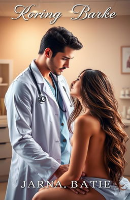 A compelling romance novel cover featuring a handsome doctor in a white coat, with a stethoscope around his neck, gazing passionately at his beautiful patient who is sitting on an examination table