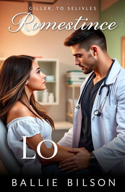 A compelling romance novel cover featuring a handsome doctor in a white coat, with a stethoscope around his neck, gazing passionately at his beautiful patient who is sitting on an examination table