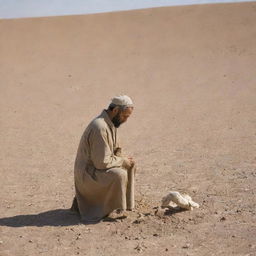 Enhancing the prior image, the shepherd now kneels and lifts his hands in heartfelt prayer to Allah SWT, amidst the desolation of the drought-ridden landscape.