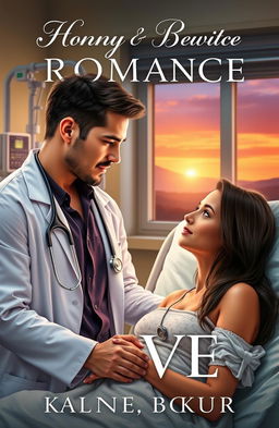 A captivating romance novel cover depicting an intimate and emotional scene between a handsome doctor and his beautiful patient in a hospital setting