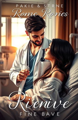 A captivating romance novel cover depicting an intimate and emotional scene between a handsome doctor and his beautiful patient in a hospital setting