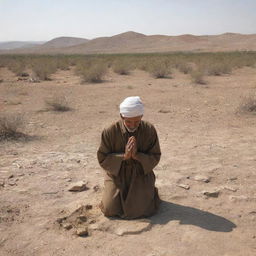 Enhancing the prior image, the shepherd now kneels and lifts his hands in heartfelt prayer to Allah SWT, amidst the desolation of the drought-ridden landscape.