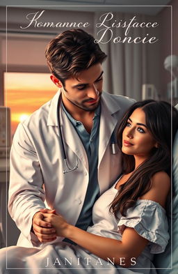 A captivating romance novel cover depicting an intimate and emotional scene between a handsome doctor and his beautiful patient in a hospital setting