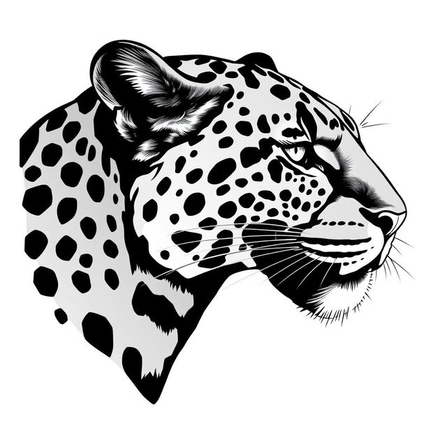 A detailed side profile of a jaguar's face, rendered entirely in solid black color against a stark white background