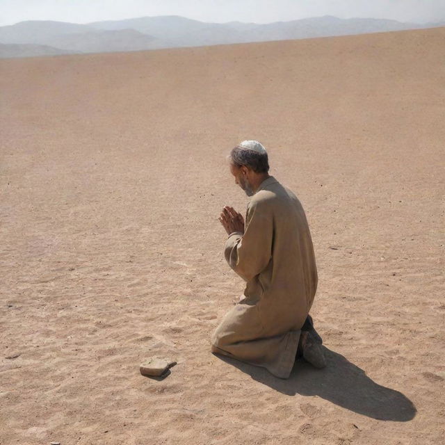 Enhancing the prior image, the shepherd now kneels and lifts his hands in heartfelt prayer to Allah SWT, amidst the desolation of the drought-ridden landscape.