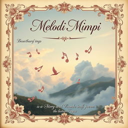 A vintage book cover design titled 'Melodi Mimpi', featuring an enchanting scene of softly swirling clouds and elegant musical notes drifting through a twilight sky