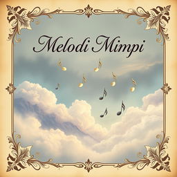 A vintage book cover design titled 'Melodi Mimpi', featuring an enchanting scene of softly swirling clouds and elegant musical notes drifting through a twilight sky