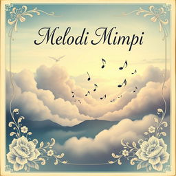 A vintage book cover design titled 'Melodi Mimpi', featuring an enchanting scene of softly swirling clouds and elegant musical notes drifting through a twilight sky