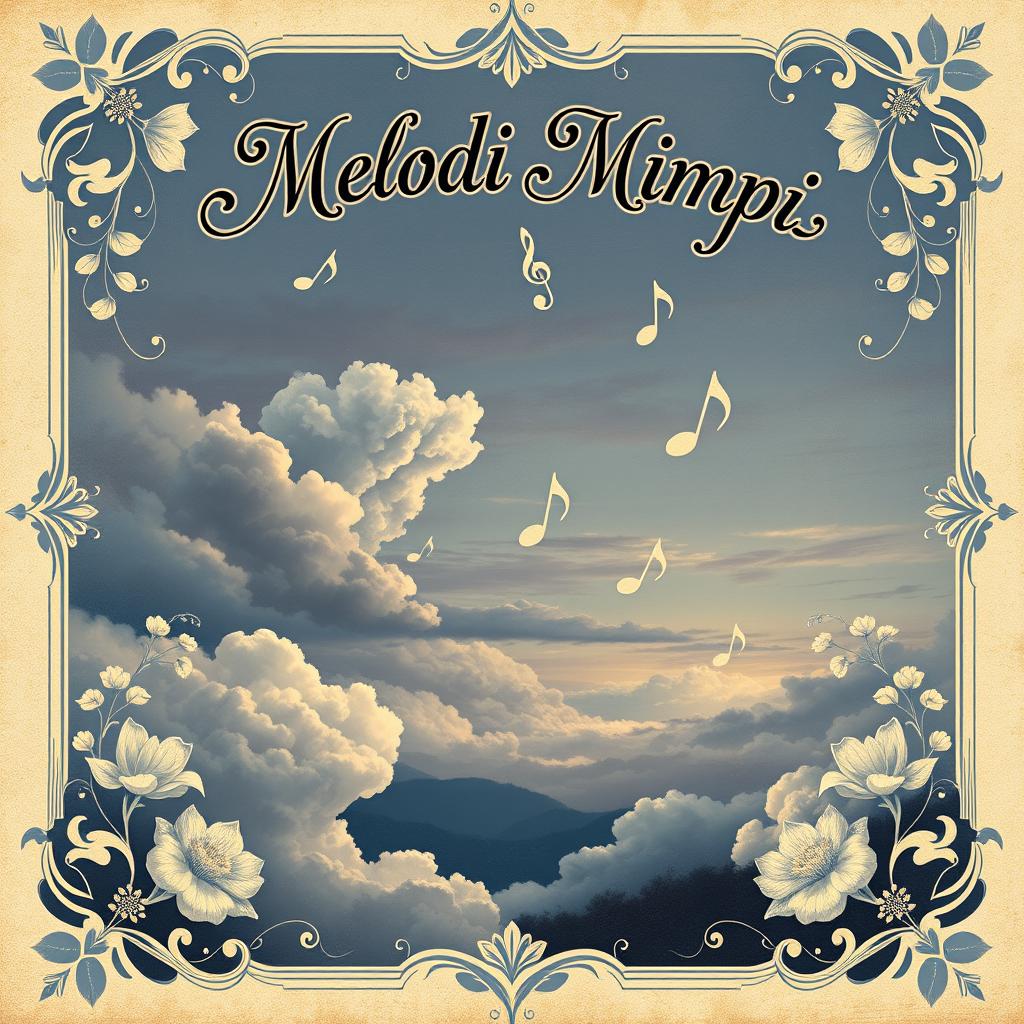 A vintage book cover design titled 'Melodi Mimpi', featuring an enchanting scene of softly swirling clouds and elegant musical notes drifting through a twilight sky