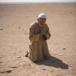 Enhancing the prior image, the shepherd now kneels and lifts his hands in heartfelt prayer to Allah SWT, amidst the desolation of the drought-ridden landscape.