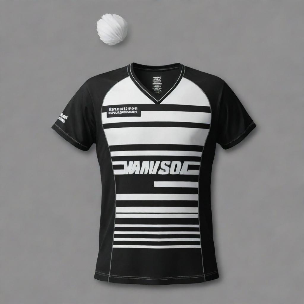 Create an image of a black and white badminton jersey with horizontal stripes, a personalized name centered on the back, and a large shuttlecock design prominently placed in the center on the back.