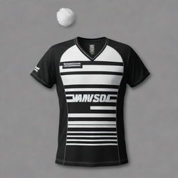 Create an image of a black and white badminton jersey with horizontal stripes, a personalized name centered on the back, and a large shuttlecock design prominently placed in the center on the back.