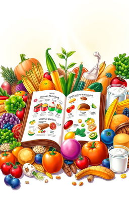 A detailed and vibrant illustration of human nutrition, featuring a diverse array of healthy foods such as colorful fruits and vegetables, whole grains, lean proteins, and dairy products