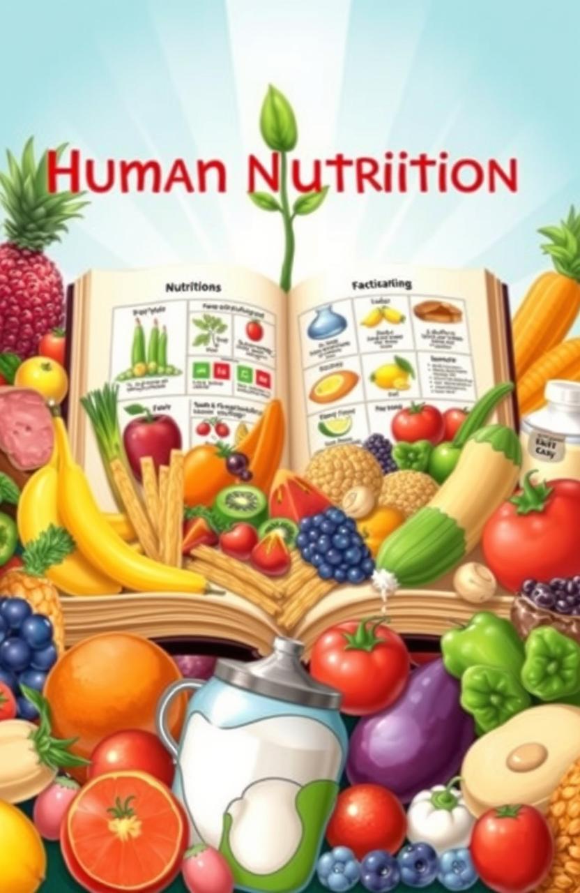 A detailed and vibrant illustration of human nutrition, featuring a diverse array of healthy foods such as colorful fruits and vegetables, whole grains, lean proteins, and dairy products