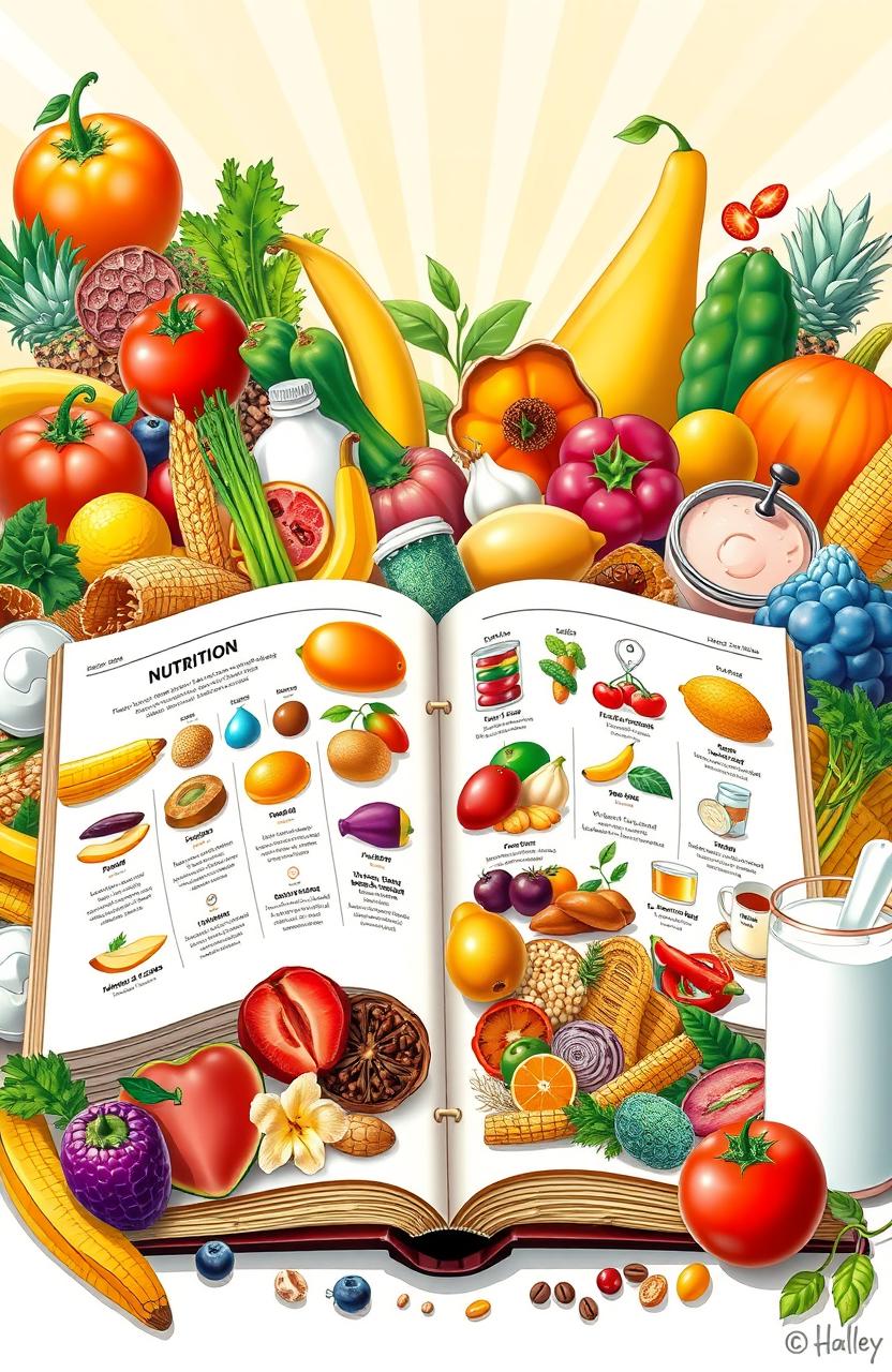 A detailed and vibrant illustration of human nutrition, featuring a diverse array of healthy foods such as colorful fruits and vegetables, whole grains, lean proteins, and dairy products