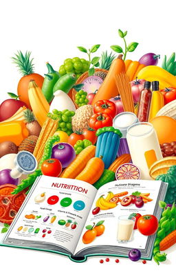 A detailed and vibrant illustration of human nutrition, featuring a diverse array of healthy foods such as colorful fruits and vegetables, whole grains, lean proteins, and dairy products