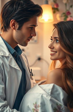 A romantic scene depicting a handsome doctor with dark hair and warm brown eyes, wearing a white lab coat, leaning slightly towards a beautiful female patient with long flowing hair, bright blue eyes, and a gentle smile