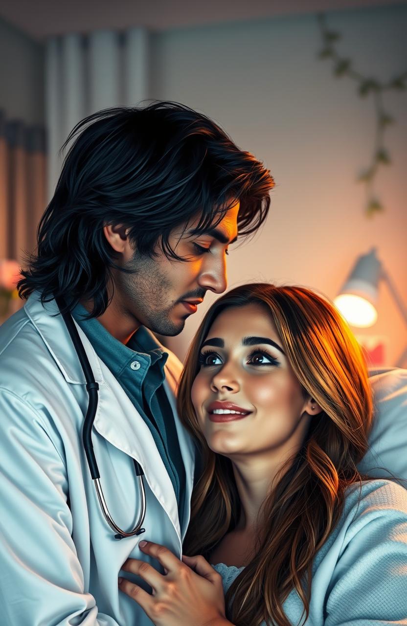 A romantic scene depicting a handsome doctor with dark hair and warm brown eyes, wearing a white lab coat, leaning slightly towards a beautiful female patient with long flowing hair, bright blue eyes, and a gentle smile