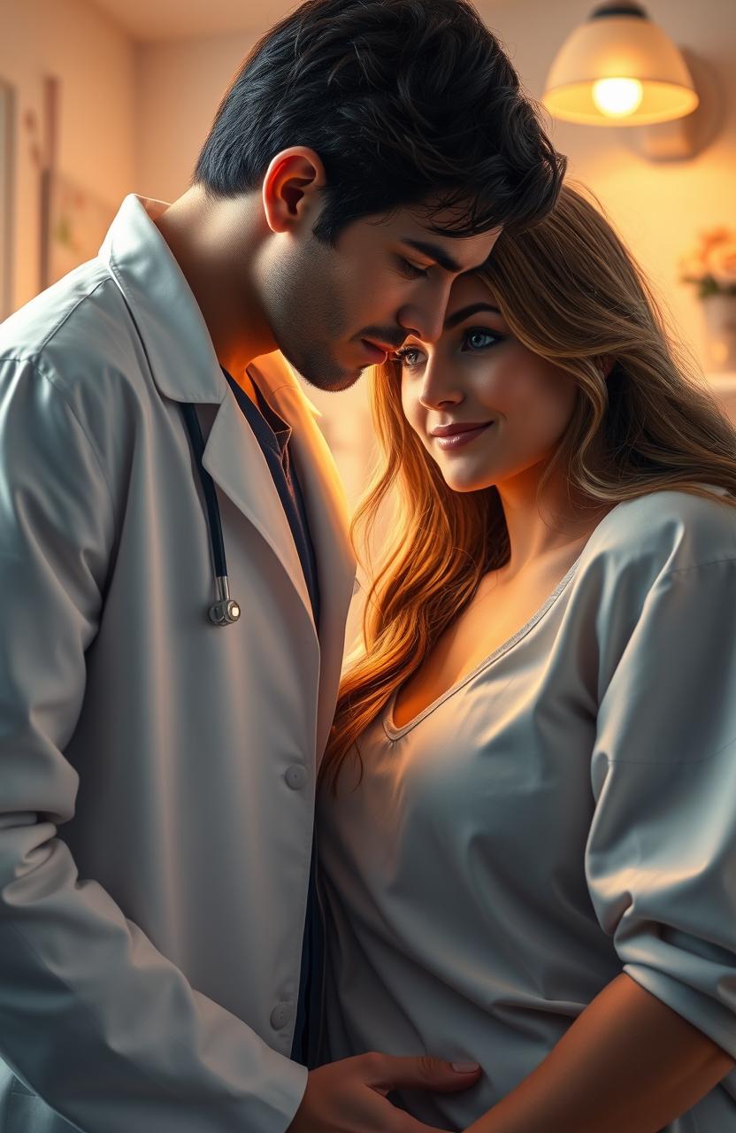 A romantic scene depicting a handsome doctor with dark hair and warm brown eyes, wearing a white lab coat, leaning slightly towards a beautiful female patient with long flowing hair, bright blue eyes, and a gentle smile