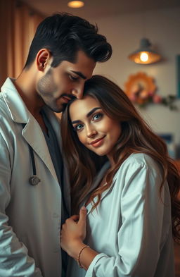 A romantic scene depicting a handsome doctor with dark hair and warm brown eyes, wearing a white lab coat, leaning slightly towards a beautiful female patient with long flowing hair, bright blue eyes, and a gentle smile