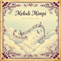 A vintage book cover design titled 'Melodi Mimpi' in a 21×16 cm format, featuring a dreamy scene of delicate clouds intertwined with flowing musical notes