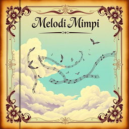 A vintage book cover design titled 'Melodi Mimpi' in a 21×16 cm format, featuring a dreamy scene of delicate clouds intertwined with flowing musical notes