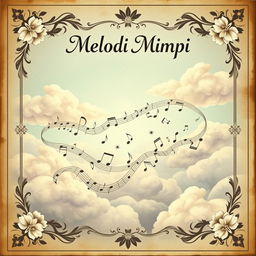 A vintage book cover design titled 'Melodi Mimpi' in a 21×16 cm format, featuring a dreamy scene of delicate clouds intertwined with flowing musical notes