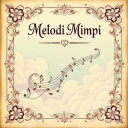 A vintage book cover design titled 'Melodi Mimpi' in a 21×16 cm format, featuring a dreamy scene of delicate clouds intertwined with flowing musical notes