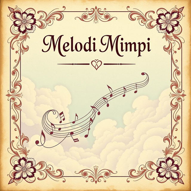 A vintage book cover design titled 'Melodi Mimpi' in a 21×16 cm format, featuring a dreamy scene of delicate clouds intertwined with flowing musical notes