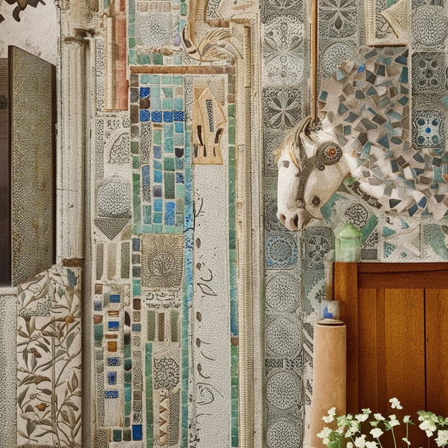 A sunny composition featuring a blend of vintage Italian mosaics, Moroccan details and African patterns, capturing a multicultural aesthetic.