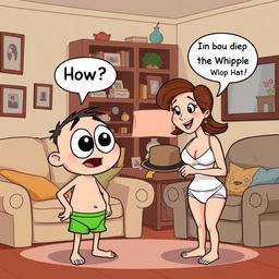 A whimsical cartoon illustration depicting Buster, the big-eyed boy, engaging in a playful conversation with his mom in their home