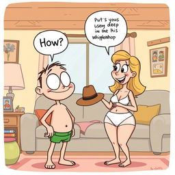 A whimsical cartoon illustration depicting Buster, the big-eyed boy, engaging in a playful conversation with his mom in their home