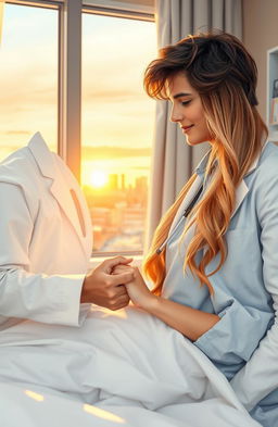 A romantic scene in a beautifully lit hospital room where a charming doctor, with tousled dark hair and warm brown eyes, gently holds the hand of his beautiful female patient, who has striking long blonde hair and soft blue eyes