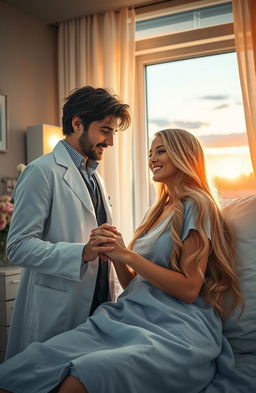 A romantic scene in a beautifully lit hospital room where a charming doctor, with tousled dark hair and warm brown eyes, gently holds the hand of his beautiful female patient, who has striking long blonde hair and soft blue eyes