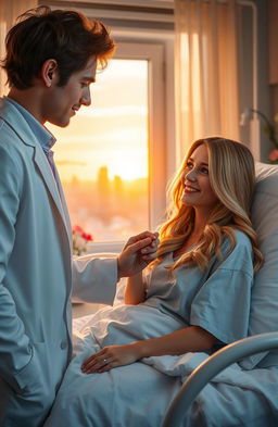 A romantic scene in a beautifully lit hospital room where a charming doctor, with tousled dark hair and warm brown eyes, gently holds the hand of his beautiful female patient, who has striking long blonde hair and soft blue eyes