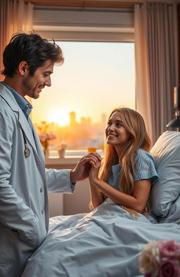 A romantic scene in a beautifully lit hospital room where a charming doctor, with tousled dark hair and warm brown eyes, gently holds the hand of his beautiful female patient, who has striking long blonde hair and soft blue eyes