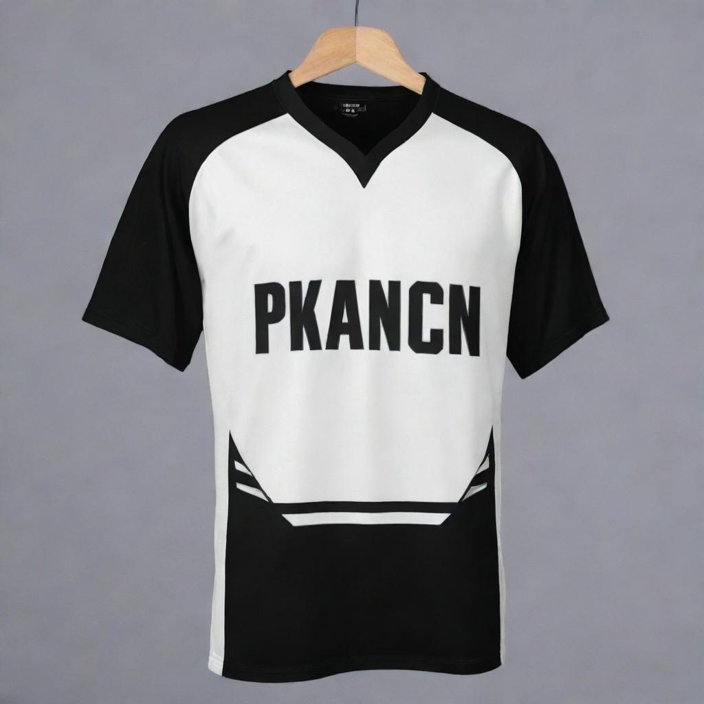 Create an image of a black and white badminton jersey with horizontal stripes, a personalized name centered on the back, and a large shuttlecock design prominently placed in the center on the back.