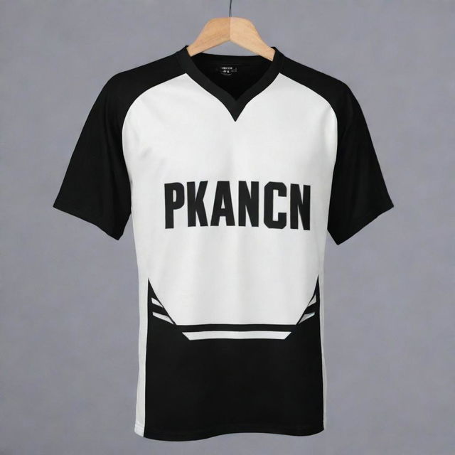 Create an image of a black and white badminton jersey with horizontal stripes, a personalized name centered on the back, and a large shuttlecock design prominently placed in the center on the back.