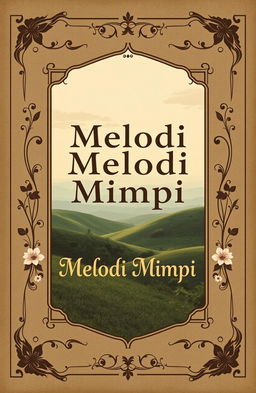 A vintage book cover design titled 'Melodi Mimpi', featuring a serene and dreamy landscape that evokes a sense of nostalgia