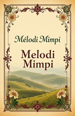 A vintage book cover design titled 'Melodi Mimpi', featuring a serene and dreamy landscape that evokes a sense of nostalgia