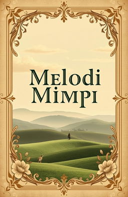 A vintage book cover design titled 'Melodi Mimpi', featuring a serene and dreamy landscape that evokes a sense of nostalgia