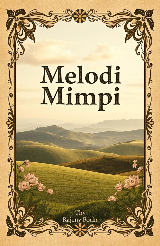 A vintage book cover design titled 'Melodi Mimpi', featuring a serene and dreamy landscape that evokes a sense of nostalgia