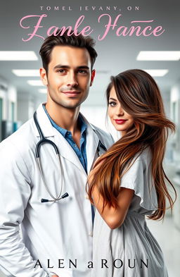 A passionate romance novel cover design featuring a handsome doctor in a white coat with a stethoscope draped around his neck, standing in a modern hospital environment