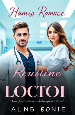 A passionate romance novel cover design featuring a handsome doctor in a white coat with a stethoscope draped around his neck, standing in a modern hospital environment