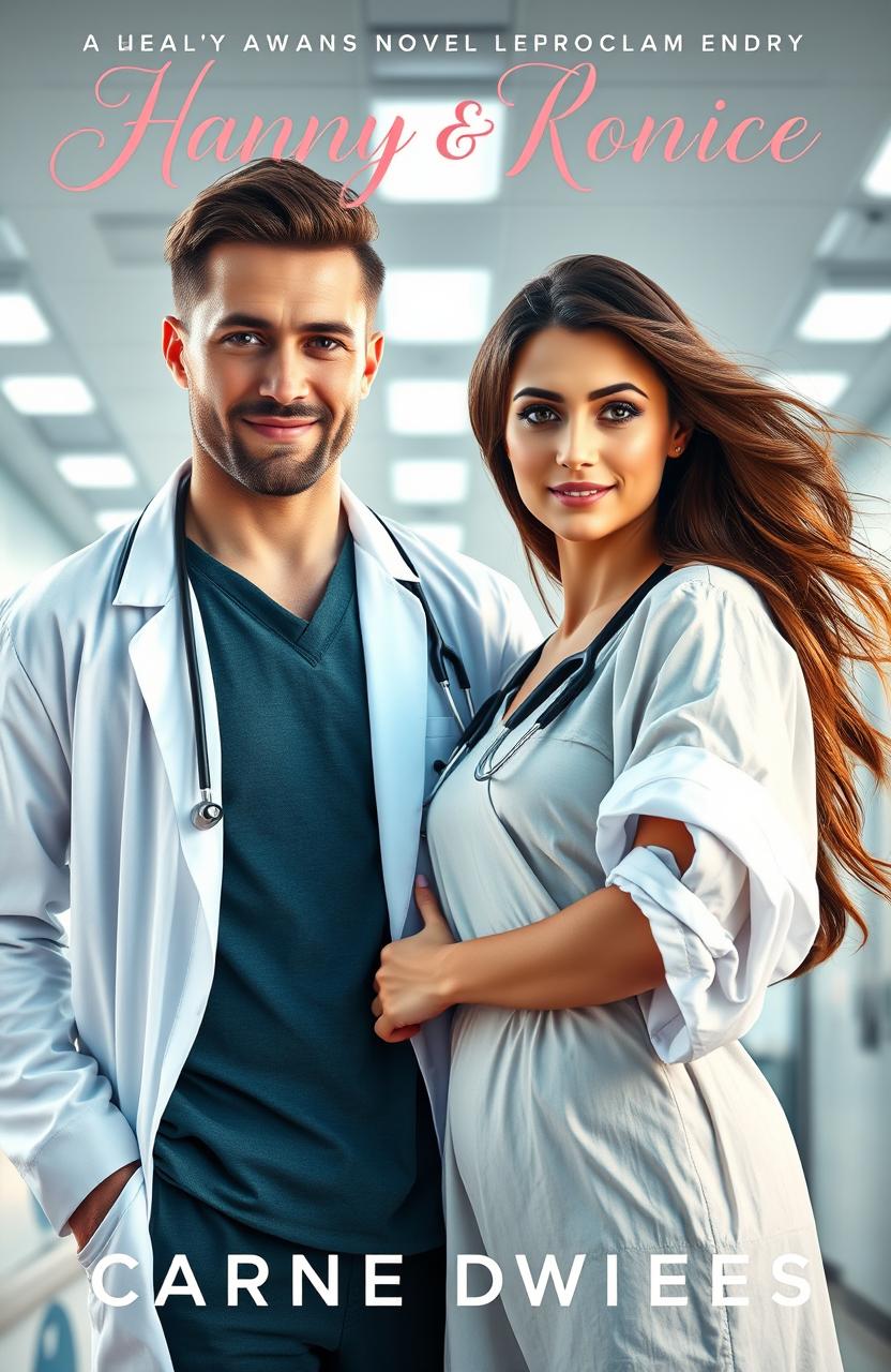 A passionate romance novel cover design featuring a handsome doctor in a white coat with a stethoscope draped around his neck, standing in a modern hospital environment