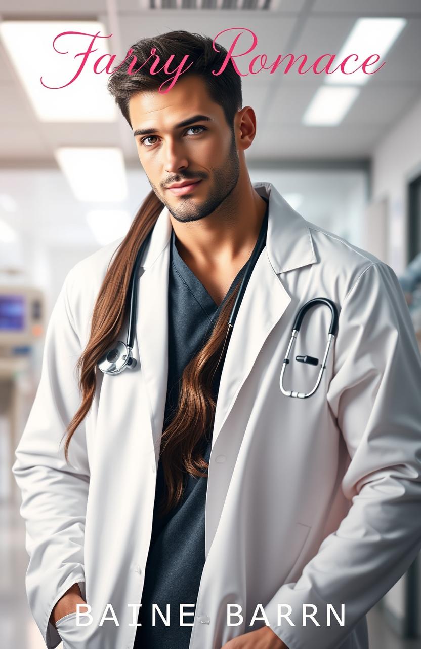 A passionate romance novel cover design featuring a handsome doctor in a white coat with a stethoscope draped around his neck, standing in a modern hospital environment